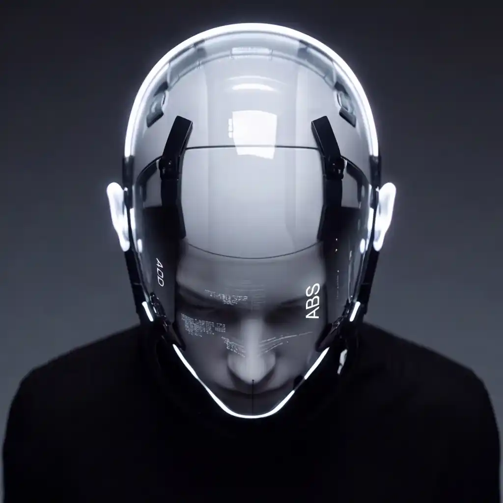 Métaphore de l'agent IA : personnage au casque transparent IA//ABS, symbole d'une intelligence artificielle intégrée et invisible